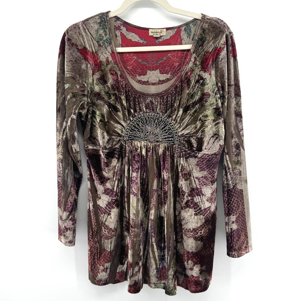 One World Tunic Top Women L Brown Velvet Beaded Whimsigoth Boho Artsy Maximalist